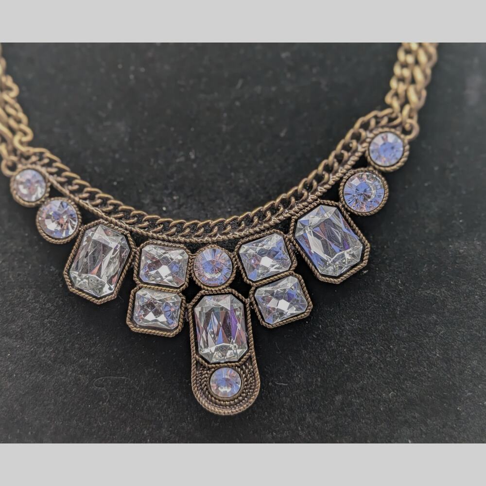 Gold Tone Clear Crystal Geometric Statement Bib Necklace Chunky Egyptian 21 in